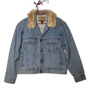 Vintage 90's EXP EXPRESS Denim Jean Jacket Tan Fur Collar Womens Size Medium